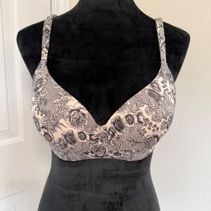 Modern Movement Beige Black Floral Lace Print Molded Cup Bra Adjustable Straps